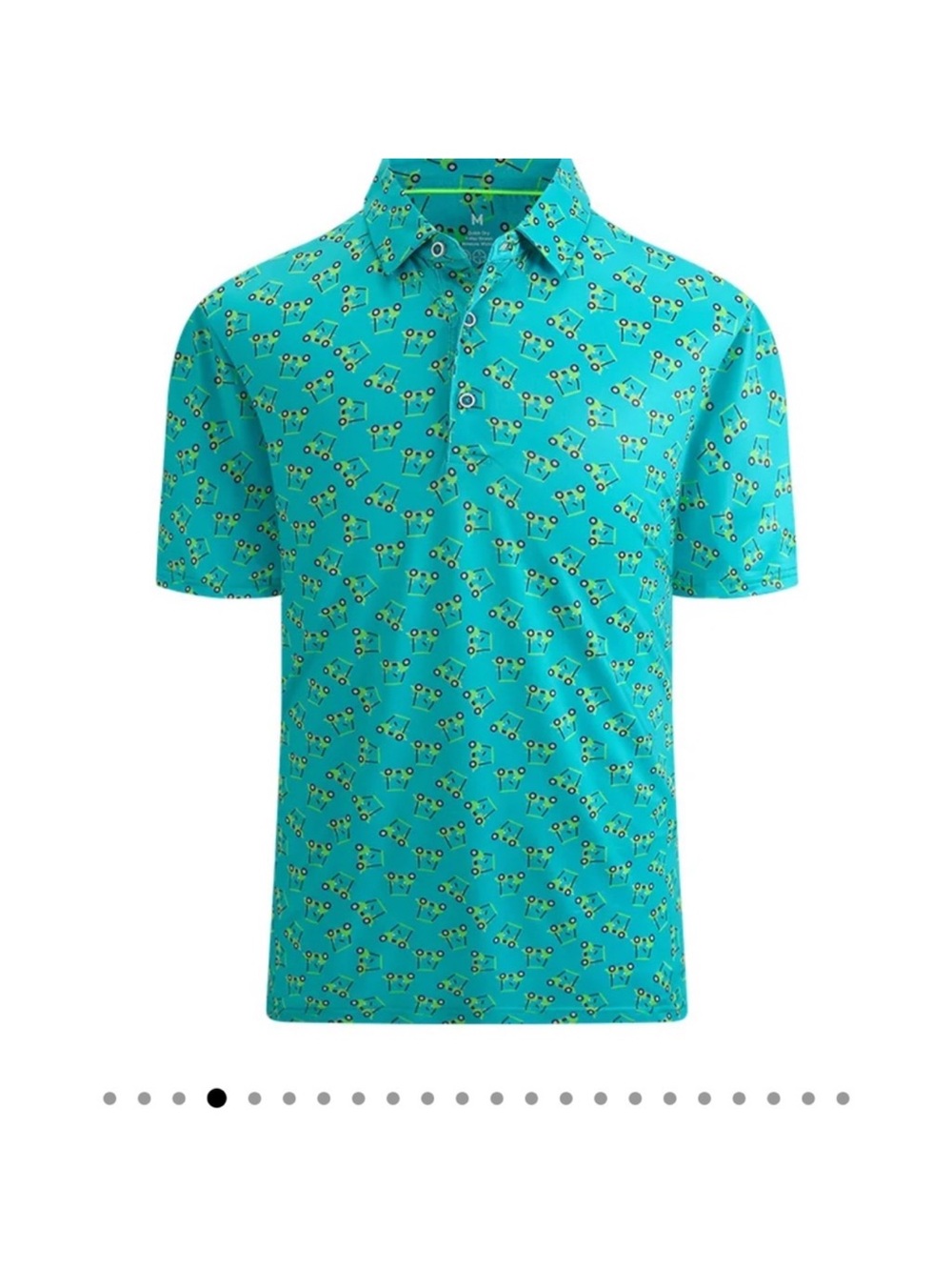 Men’s Golf Cart Print Performance Polo Teal Stretch UV Shirt Size L